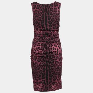 Pre Owned Dolce & Gabbana Purple Animal Print Silk Ruched Sleeveless Dress M