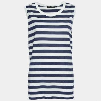 Pre Owned Dolce & Gabbana White & Blue Striped Cotton Tank Top M