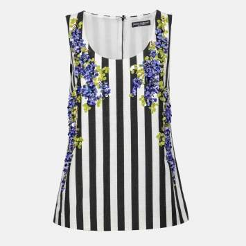 Pre Owned Dolce & Gabbana Monochrome Striped Paillette Embellished Sleeveless Top S