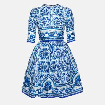 Pre Owned Dolce & Gabbana Blue Majolica Print Silk Organza Flared Dress XS