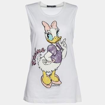 Pre Owned Dolce & Gabbana White Cotton Donald Duck Print Tank Top M