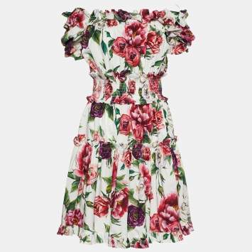 Pre Owned Dolce & Gabbana White Floral Cotton Off Shoulder Dress M