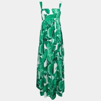 Pre Owned Dolce & Gabbana Green Banana Leaf Print Cotton Sleeveless Maxi Dress M