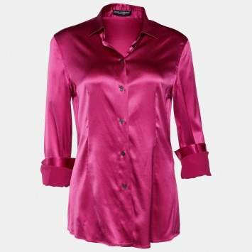 Pre Owned Dolce & Gabbana Fuschia Pink Satin Button Front Shirt M