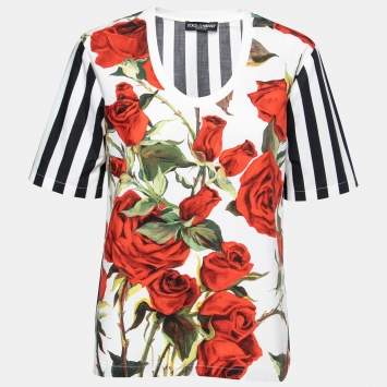 Pre Owned Dolce & Gabbana Monochrome Striped Rose Printed T-shirt S