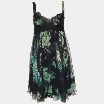 Pre Owned Dolce & Gabbana Black/Green Floral Print Silk Blend Sleeveless Dress S