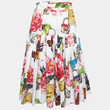Pre Owned Dolce & Gabbana White Padlock & Floral Printed Cotton High Waisted Skirt S