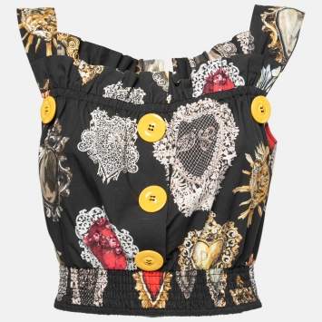 Pre Owned Dolce & Gabbana Black Sacred Heart Printed Cotton Sleeveless Crop Top S