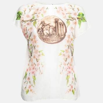 Pre Owned Dolce & Gabbana White Floral Printed Sheer Silk Top M