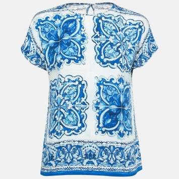 Pre Owned Dolce & Gabbana White/Blue Majolica Print Top S