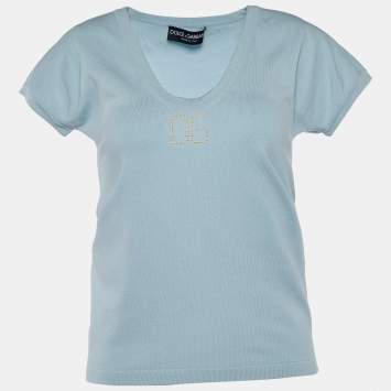 Pre Owned Dolce & Gabbana Powder Blue Knit Logo Embellished Top M