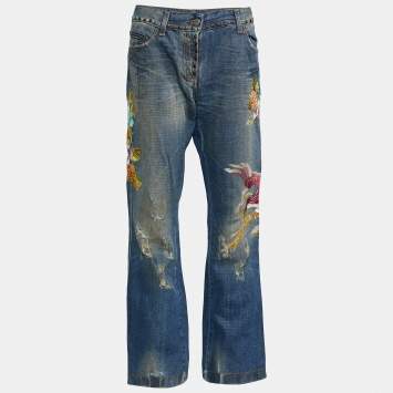 Pre Owned Dolce & Gabbana Blue Denim Embroidered Straight Fit Jeans M/Waist - 33.5"