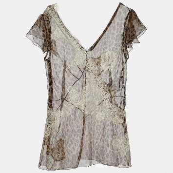 Pre Owned Dolce & Gabbana Brown Animal Print Silk Lace Trim Sheer Top L