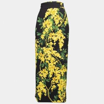 Pre Owned Dolce & Gabbana Black & Yellow Floral Acacia Print Crepe Midi Skirt M
