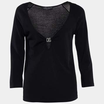 Pre Owned Dolce & Gabbana Black Knit Logo Detail Long Sleeve Top M