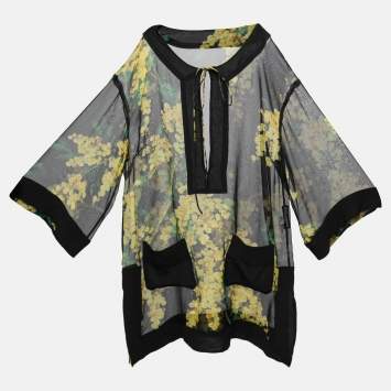 Pre Owned Dolce & Gabbana Black & Yellow Floral Acacia Print Sheer Silk Tunic S