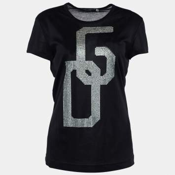 Pre Owned Dolce & Gabbana Black Cotton DG Embellished Crew Neck T-Shirt M
