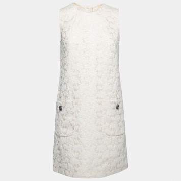 Pre Owned Dolce & Gabbana Cream Floral Embossed Jacquard Sleeveless Dress M