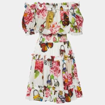 Pre Owned Dolce & Gabbana White Padlock & Garden Print Cotton Ruched Midi Dress XS