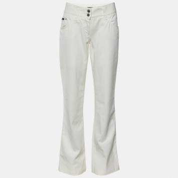 Pre Owned Dolce & Gabbana Cream Denim Pocket Embellished Boot Cut Jeans L/Waist 32"