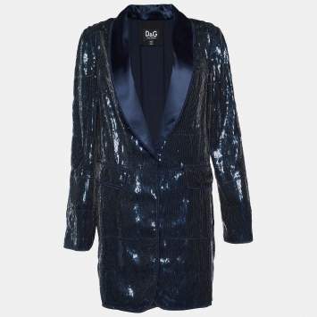 Pre Owned Dolce & Gabbana Blue Sequined Single Button Long Blazer M