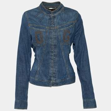Pre Owned Dolce & Gabbana Indigo Distressed Denim Varsity Jacket L
