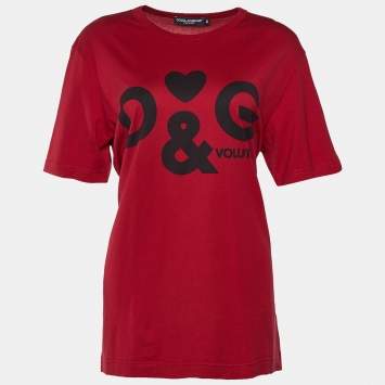 Pre Owned Dolce & Gabbana Burgundy Logo Print Jersey T-shirt XL