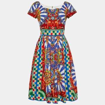 Pre Owned Dolce & Gabbana Multicolor Carretto Siciliano Print Poplin Midi Dress M