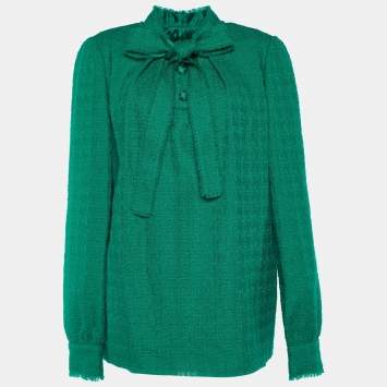 مملوكة مسبقًا Dolce & Gabbana Green Tweed Bow Tie Neck Blouse L