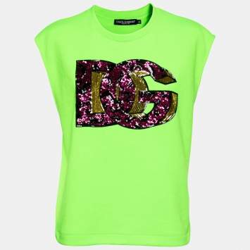 Pre Owned Dolce & Gabbana Green Knit DG Sequin Embellished Sleeveless Top M