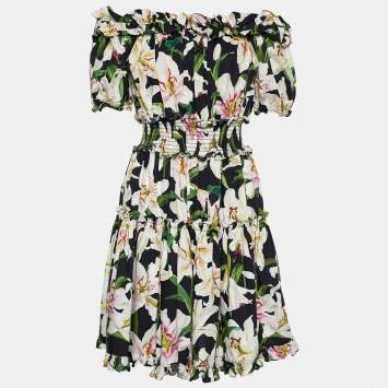 Pre Owned Dolce & Gabbana Black Lily Print Cotton Off-Shoulder Dress L