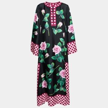 Pre Owned Dolce & Gabbana Black Rose Print Silk Kaftan Dress XL