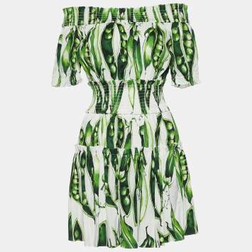 مملوكة مسبقًا Dolce & Gabbana Green Pea Print Cotton Smocked Off-The-Shoulder Dress S