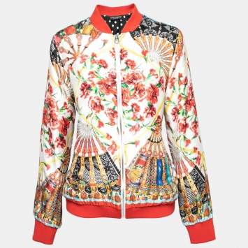 Pre Owned Dolce & Gabbana Cream Printed Silk Zip Front Jacket M