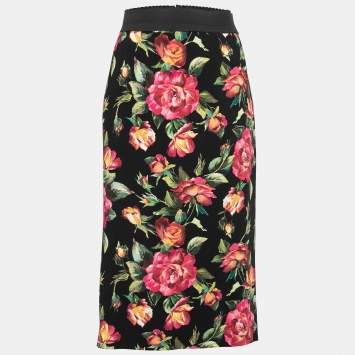 Pre Owned Dolce & Gabbana Black Rose Printed Crepe Midi Skirt L