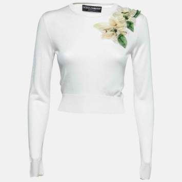 Pre Owned Dolce & Gabbana Cream Knit Floral Appliqué Long Sleeve Sweater S