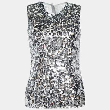 Pre Owned Dolce & Gabbana Silver Sequined Mesh Sleeveless Top  S