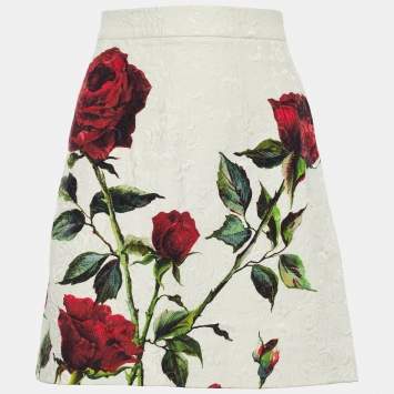 Pre Owned Dolce & Gabbana White Rose Print Cotton & Silk Jacquard A-Line Skirt XS