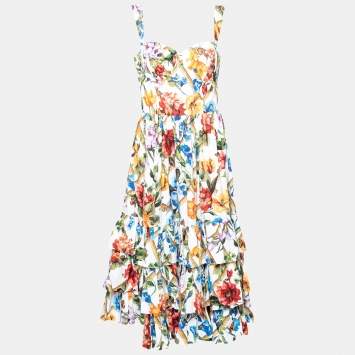 Pre Owned Dolce & Gabbana White Floral Printed Poplin Bustier Dress L