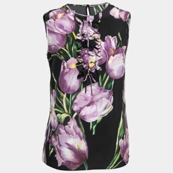 Pre Owned Dolce & Gabbana Black & Purple Tulip Printed Silk Sleeveless Top S