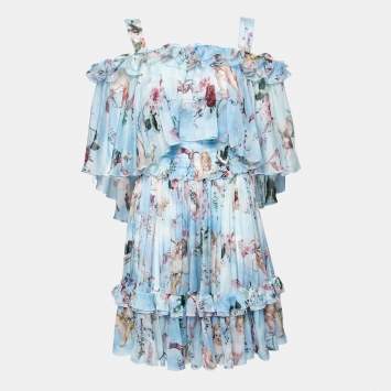Pre Owned Dolce & Gabbana Blue Angle Printed Silk Pleated Midi Dress M