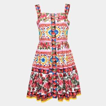 Pre Owned Dolce & Gabbana Multicolor Floral Printed Button Embellished Front Sleeveless Midi Dress M