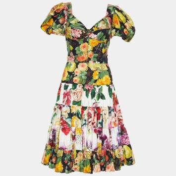 Pre Owned Dolce & Gabbana Multicolor Floral Print Cotton Flared Dress M