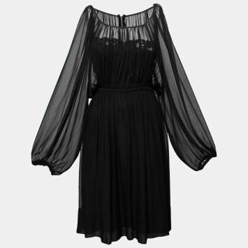 Pre Owned Dolce & Gabbana Black Sheer Silk Ruched Waist Dress M