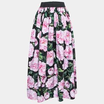 Pre Owned Dolce & Gabbana Black & Pink Floral Printed Poplin Maxi Skirt S