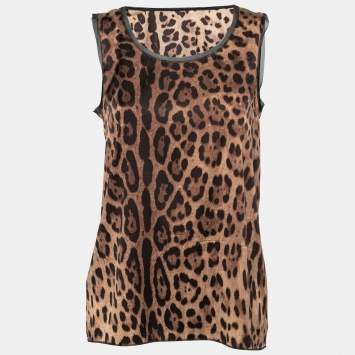 Pre Owned Dolce & Gabbana Brown Leopard Print Stretch Silk Sleeveless Top M