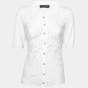 Pre Owned Dolce & Gabbana White Knit & Lace Paneled Button Front Cardigan L