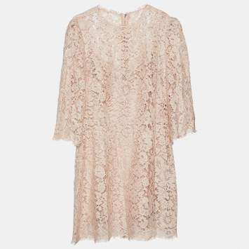 Pre Owned Dolce & Gabbana Pale Pink Floral Lace Mini Dress M
