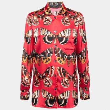 Pre Owned Dolce & Gabbana Red Butterfly Print Silk Pajama Shirt S