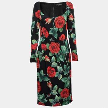 Pre Owned Dolce & Gabbana Black Rose Print Silk Scoop Neck Dress L